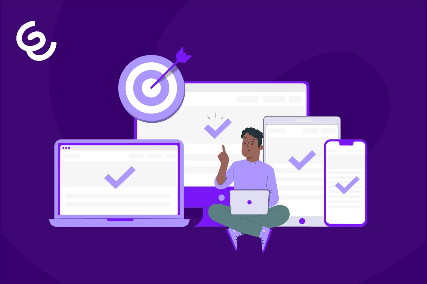 Illustration of a person using a laptop surrounded by various devices, symbolising omnichannel customer service